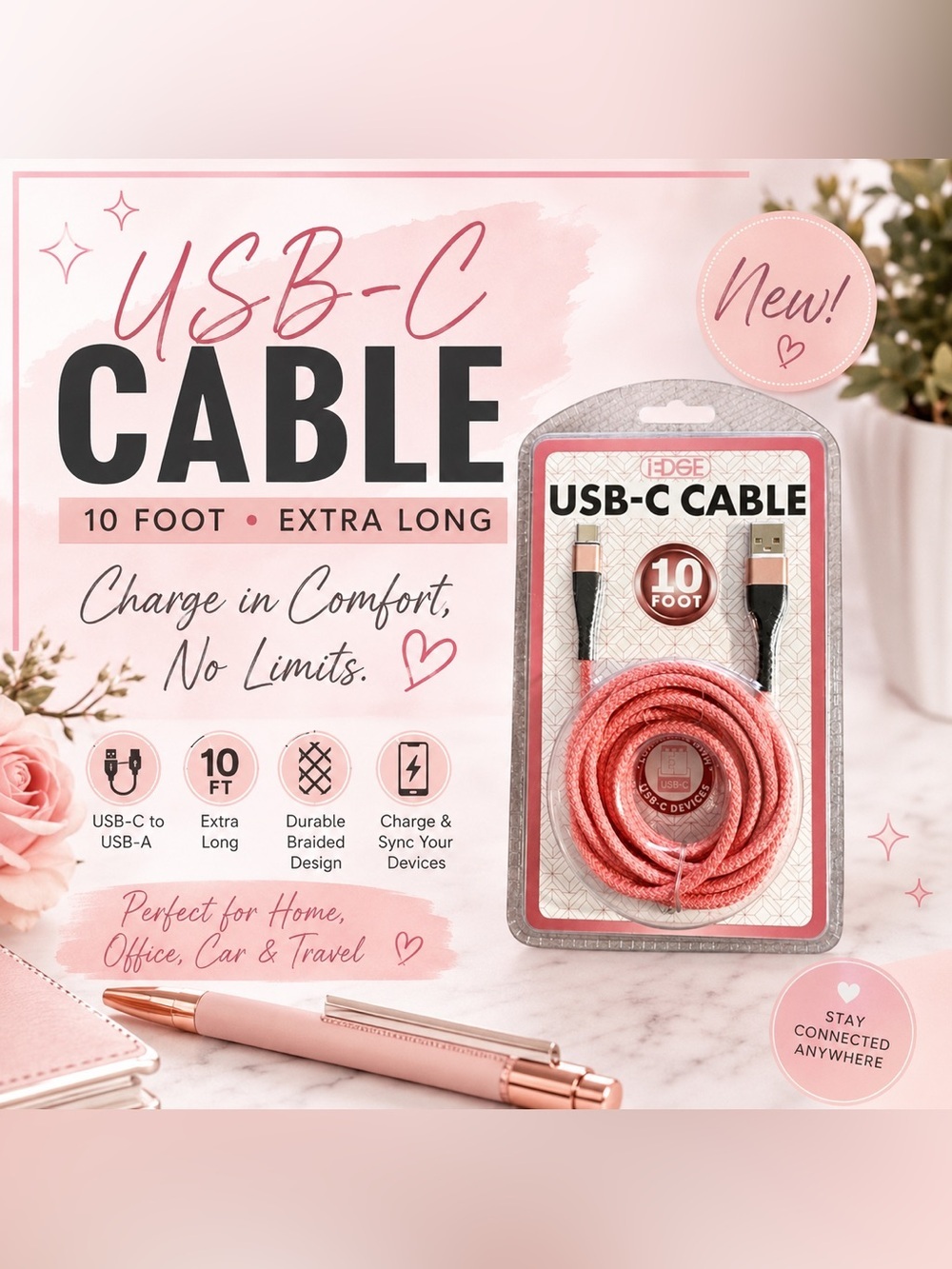 NWT iEdge 10 Ft USB-C to USB-A Braided Charging Cable Pink